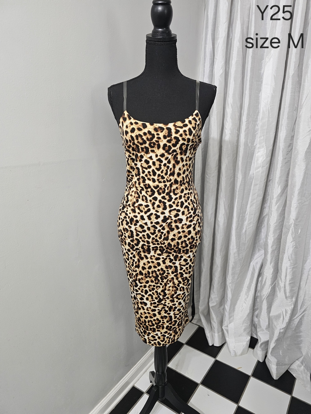 Leopard Print Bodycon Midi Dress - Beige/Black